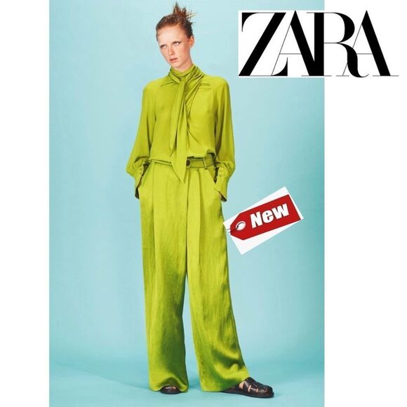 ZARA green high waisted saint effect front cross over wrap pleated wide leg pant
